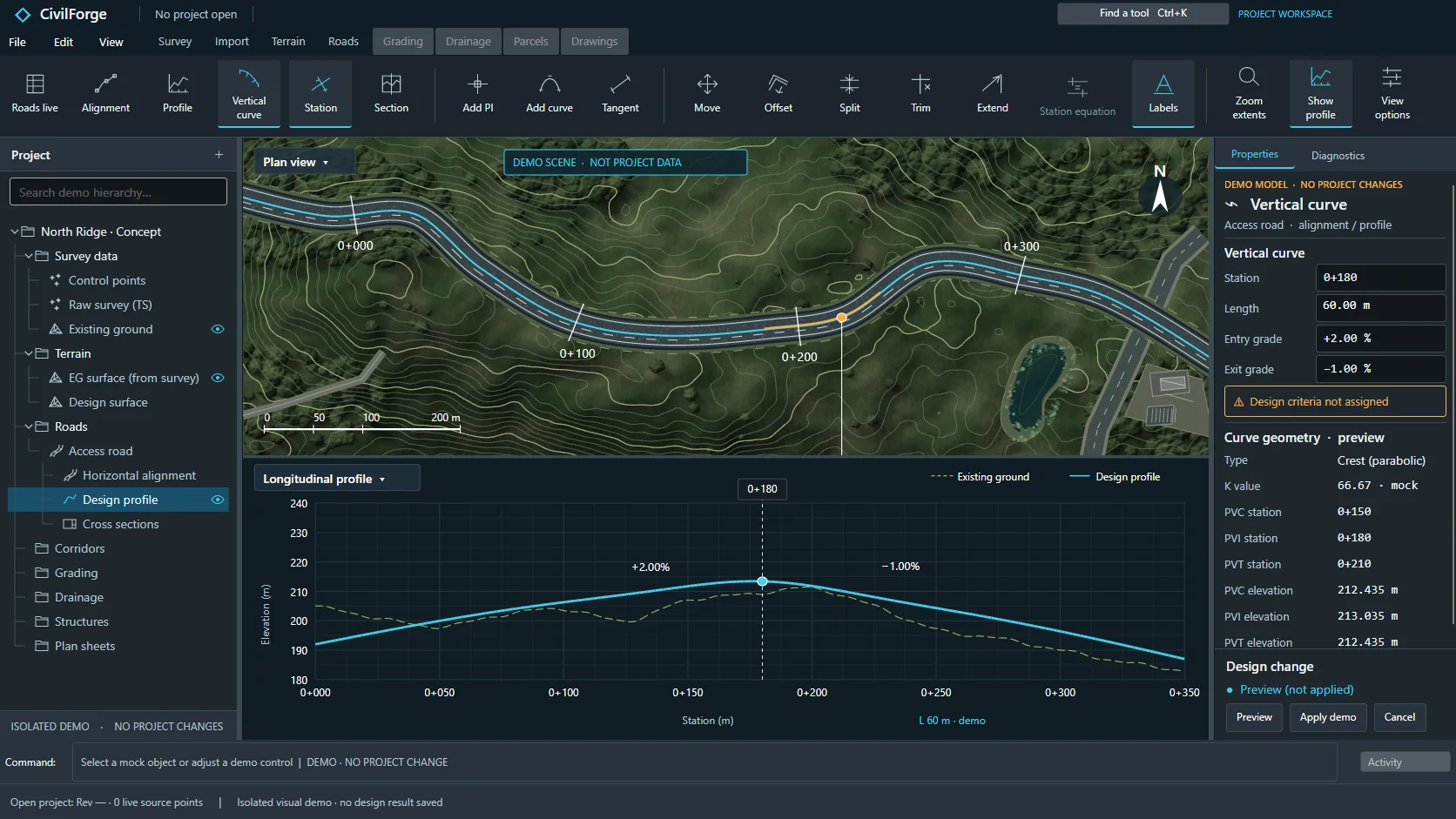 Illustrative development screen showing a road alignment, profile and engineering inspector