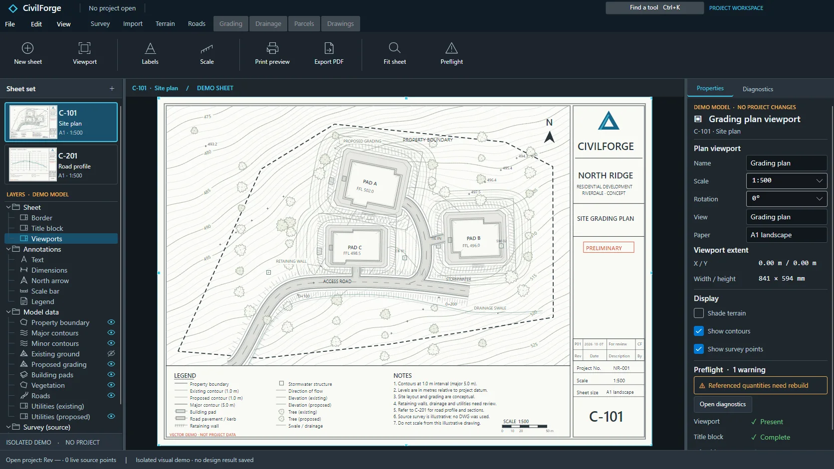 Illustrative development screen showing a drawing sheet with a site plan and preflight controls