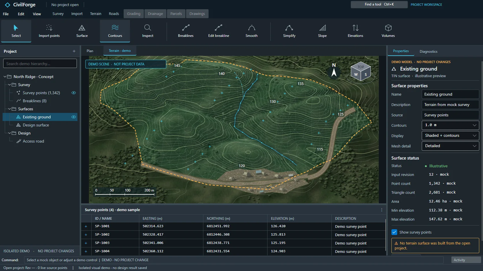 Illustrative development screen showing terrain contours, a surface tree and properties